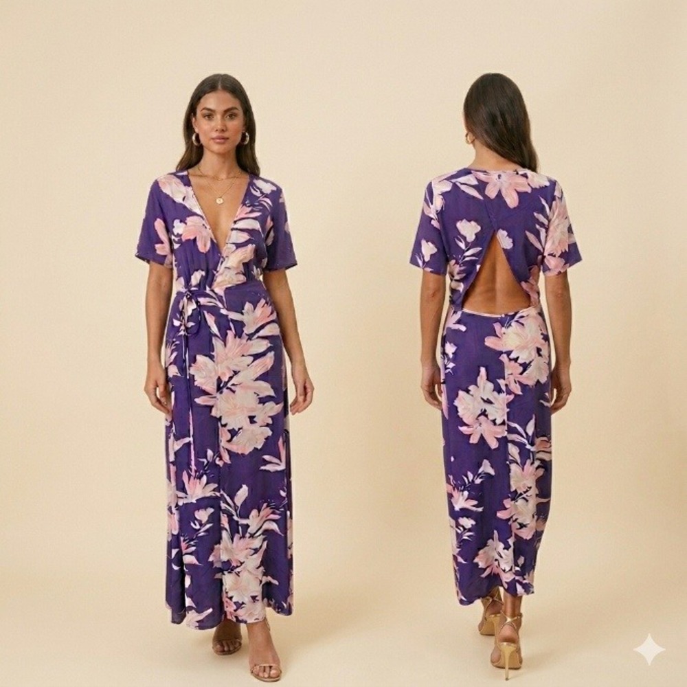 Lulus Azalea Regalia‎ Wrap Maxi Dress Womens Med Purple Floral Open Back Spring